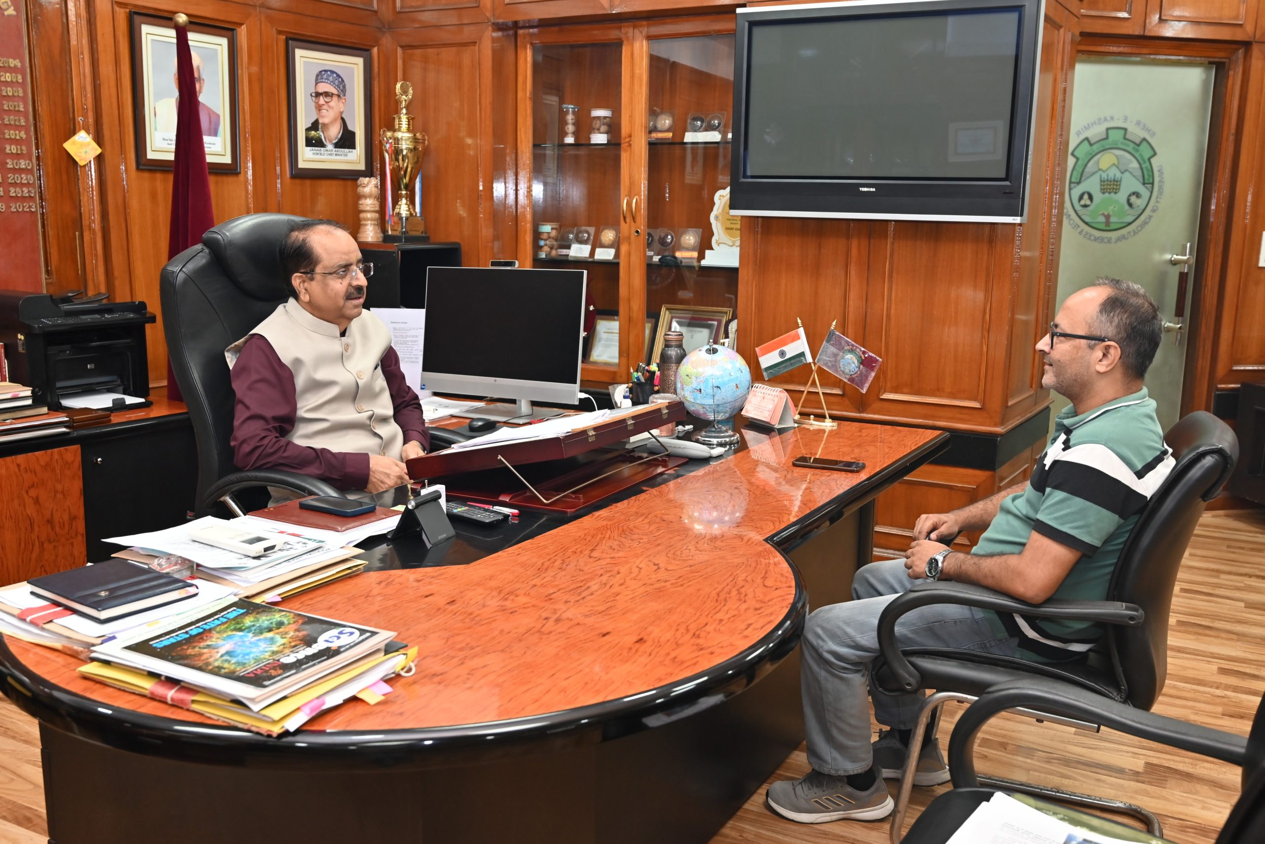 Blazing Tales Editor and Senior Journalist Vikas Sharma interviewing Prof. (Dr.) B. N. Tripathi, Vice-Chancellor, SKUAST-Jammu, during an exclusive interview at the Vice-Chancellor's office.
